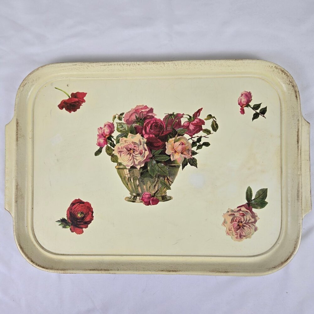 Lightweight Rectangular Tray with Rose Pattern Integrated Handles Distressed